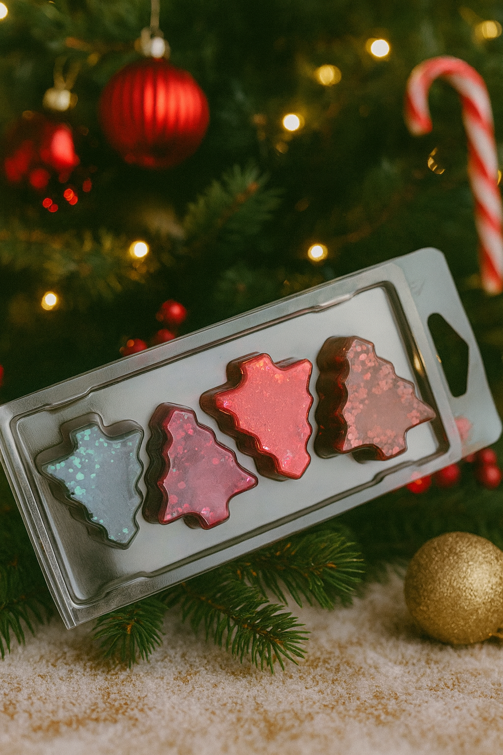 Set of Christmas-themed wax melts in a mold with a festive background