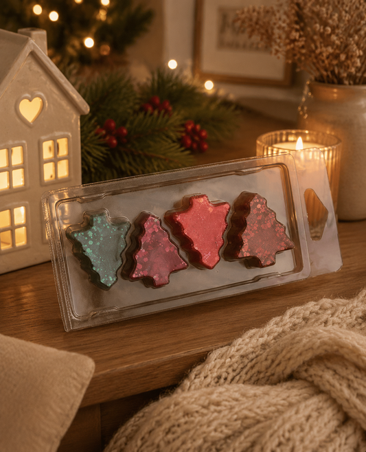 Four Christmas tree-shaped wax melts in a clear plastic clamshell package, displayed on a wooden table with a cozy holiday background featuring a lit candle, pine branches, and a miniature house.