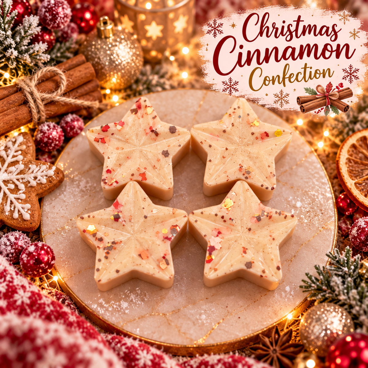 christmas cinnamon confection scented soy wax melt shapes with festive christmas background theme.