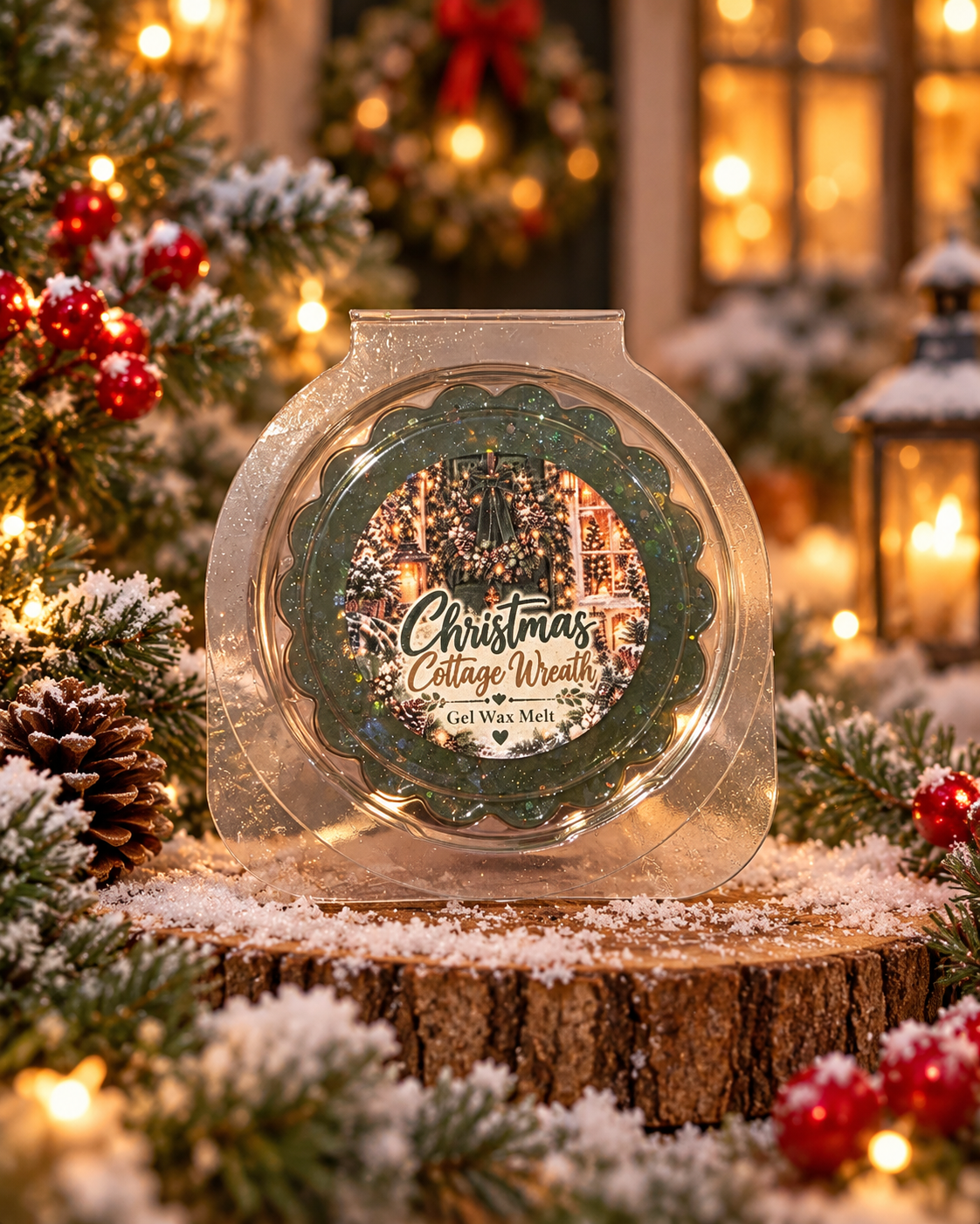 A round Christmas-themed gel wax melt in a clear plastic clamshell package sits on a rustic wood slice surrounded by pine branches, red ornaments, and warm string lights in a festive holiday setting.