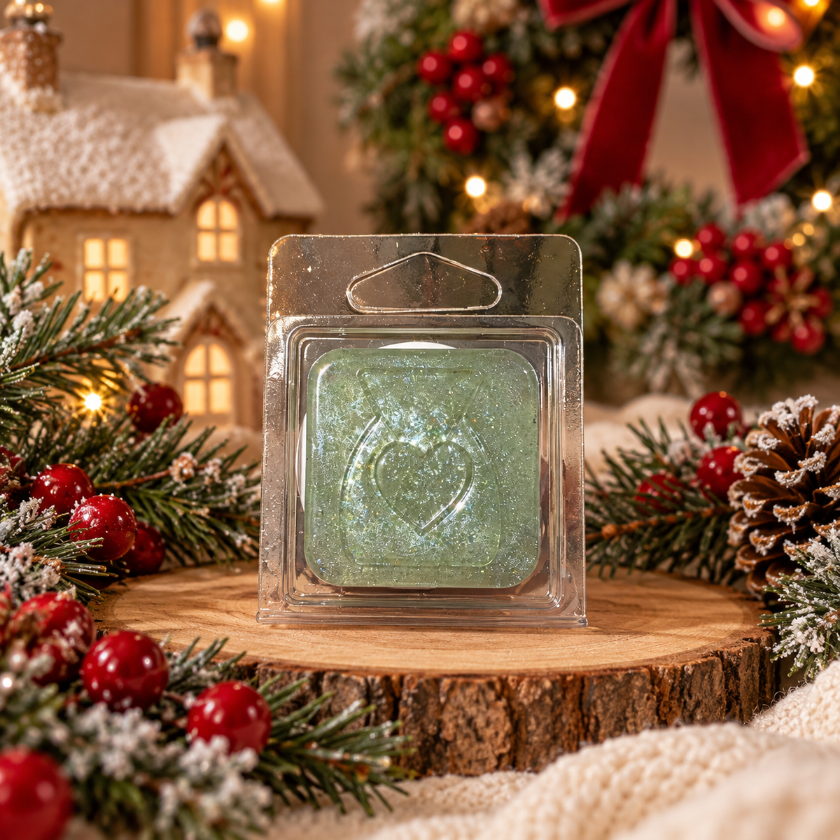 A square green gel wax melt or scented melt in a clear plastic clamshell package sits on a round wood slice, surrounded by Christmas greenery, red berries, pinecones, and a warm holiday village scene in the background.