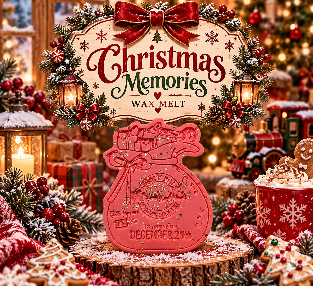 A festive Christmas-themed wax melt display featuring a pink money bag-shaped wax melt in the center, with a large decorative sign reading 'Christmas Memories Wax Melt' above it. The scene is decorated with evergreen garlands, red bows, lanterns, candles, wrapped gifts, and holiday treats, creating a warm holiday atmosphere.