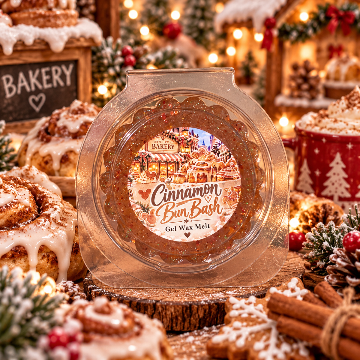 A round gel wax melt in a clear plastic clamshell container labeled 'Cinnamon Bun Bash' by The Bakery, styled on a wood slice with cinnamon rolls, gingerbread cookies, pinecones, and warm holiday lights in the background.