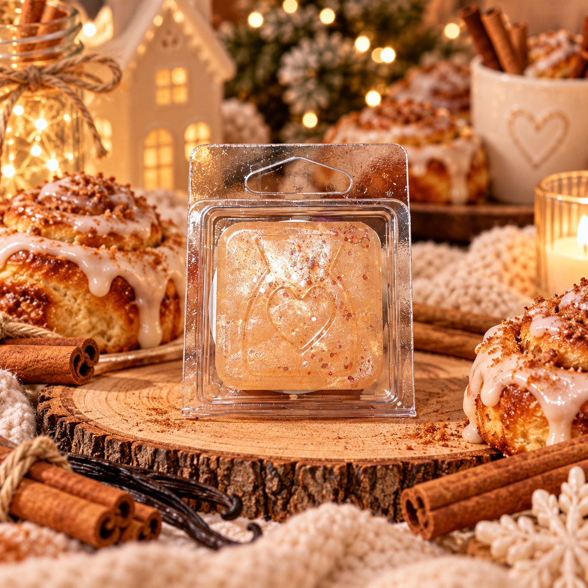 A square gel wax melt in clear plastic packaging with a heart-shaped embossed design, displayed on a rustic wood slice surrounded by cinnamon sticks, decorated pastries, and warm holiday lights.