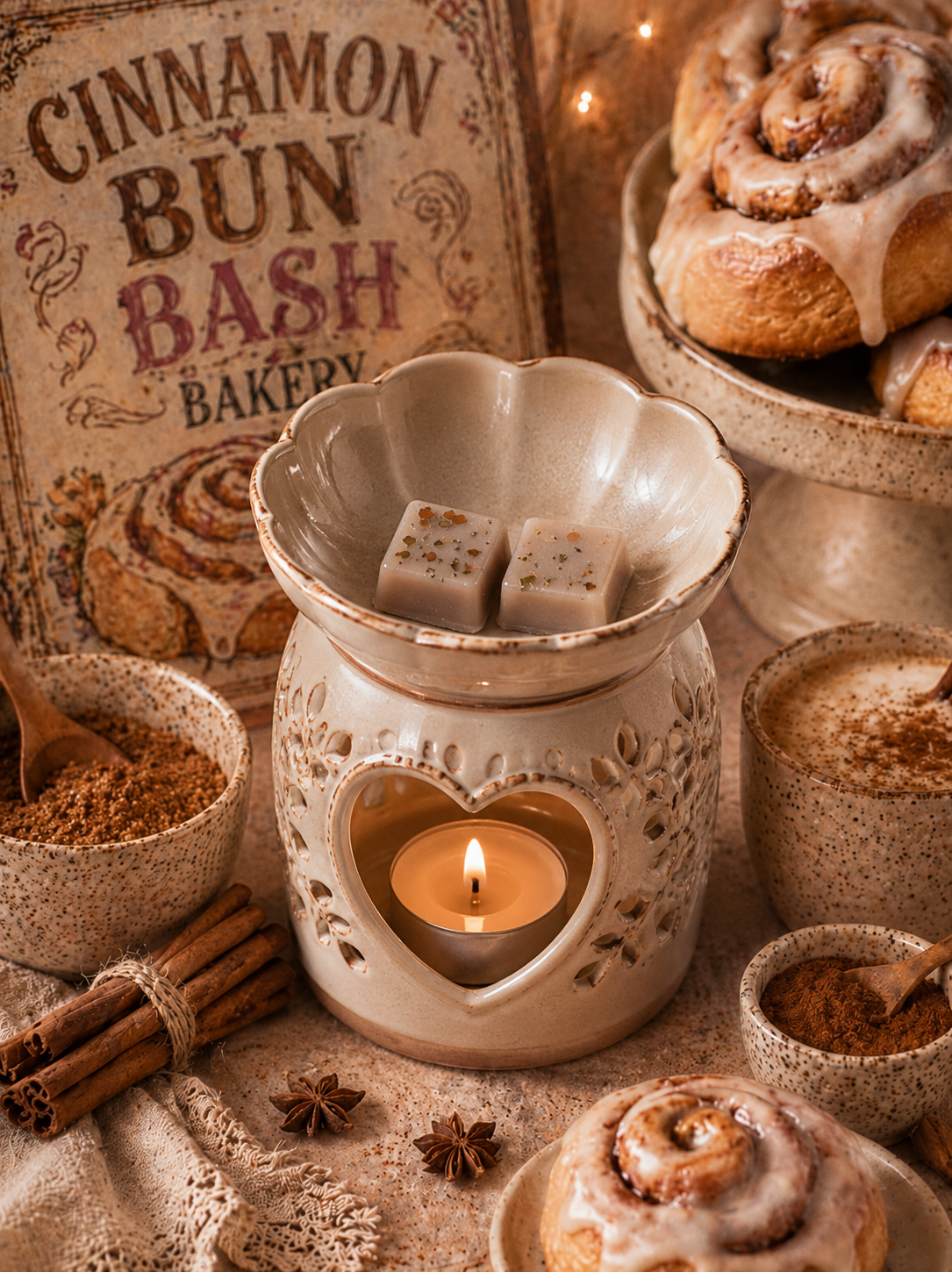 A ceramic heart-shaped wax warmer with a lit tea light candle sits on a table, surrounded by cinnamon rolls, bowls of spices, cinnamon sticks, and a sign reading 'Cinnamon Bun Bash Bakery'.
