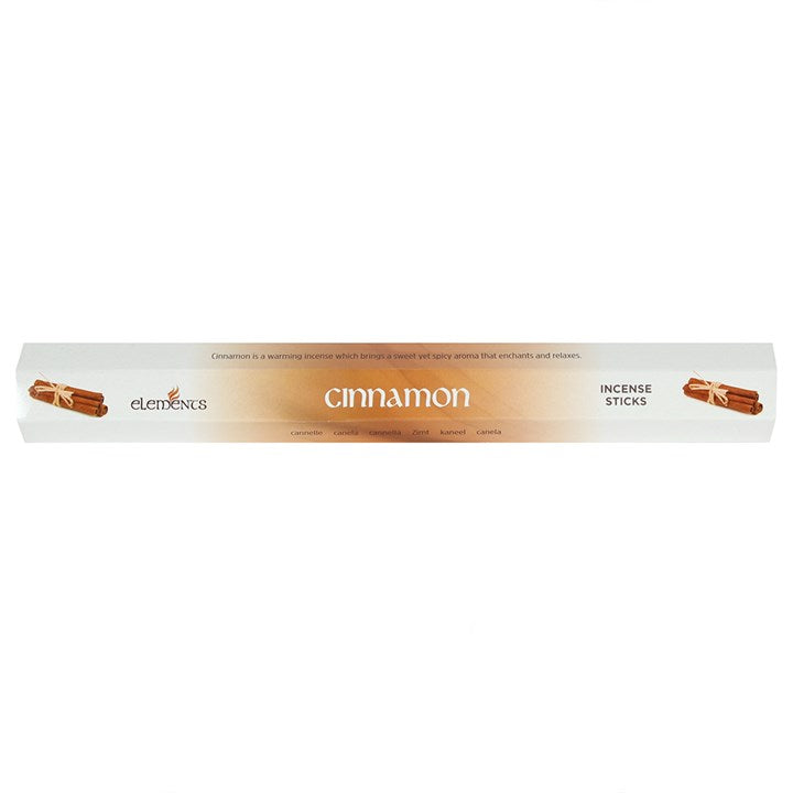 Pack of cinnamon-scented incense sticks with 'elements' branding on a white background