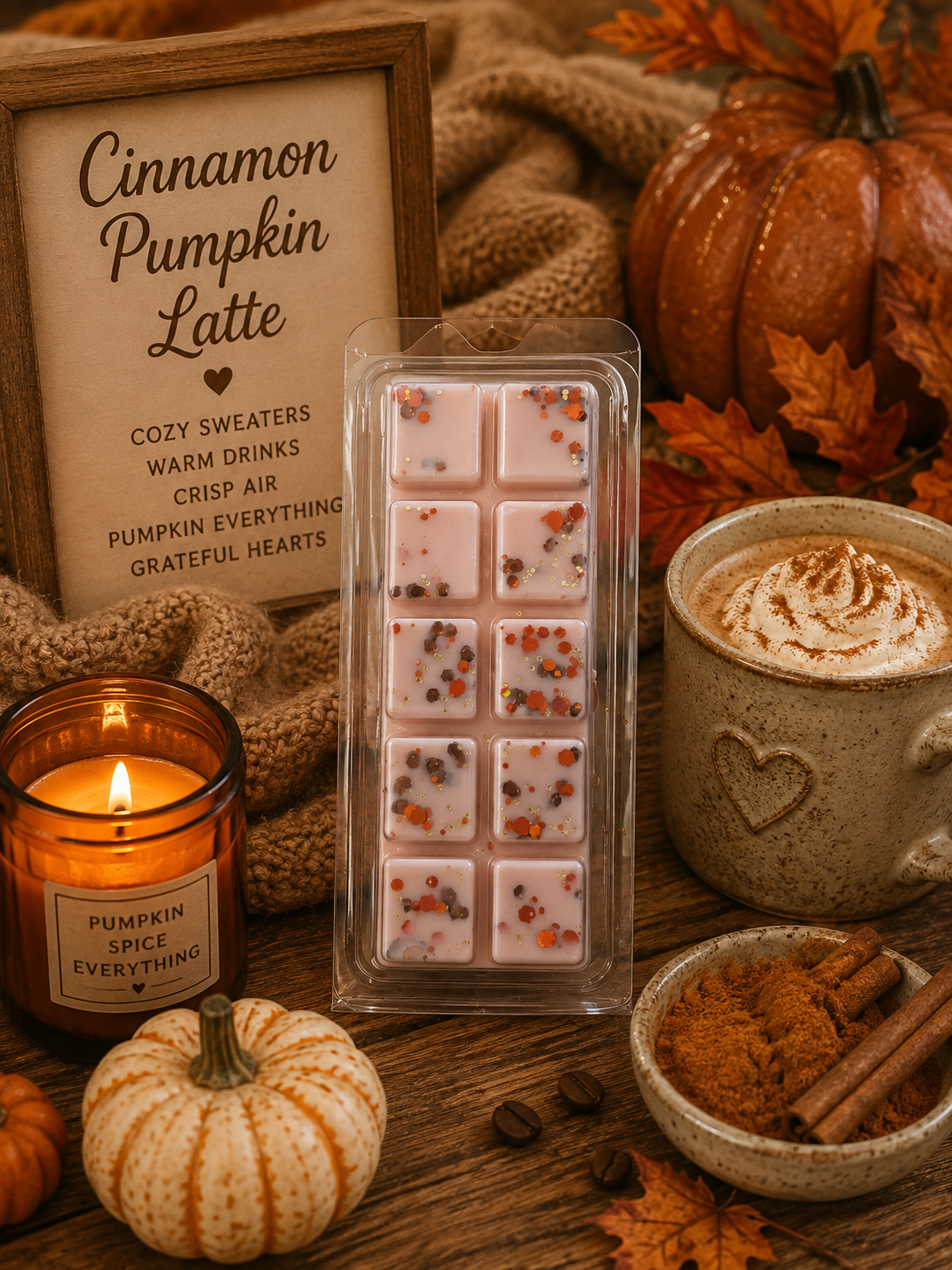 A packaged set of square wax melts labeled 'Cinnamon Pumpkin Latte' stands on a rustic wooden surface surrounded by fall-themed props, including pumpkins, leaves, a candle, a mug of whipped cream with cinnamon, and a bowl of spices. A sign in the background reads 'Cinnamon Pumpkin Latte' with scent descriptors.