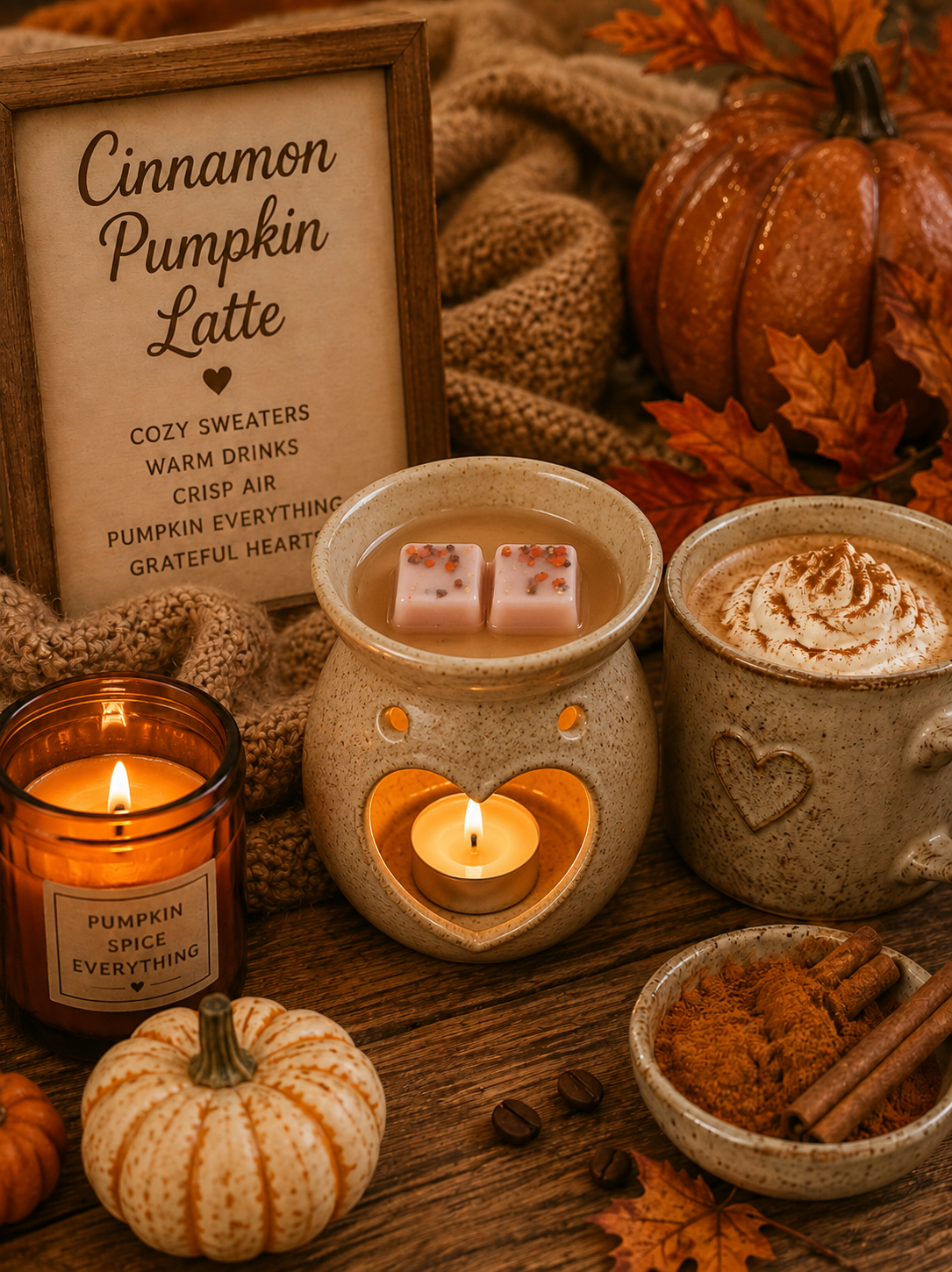 cinnamon pumpkin latte scented wax melts in burner with cosy autumn background theme.