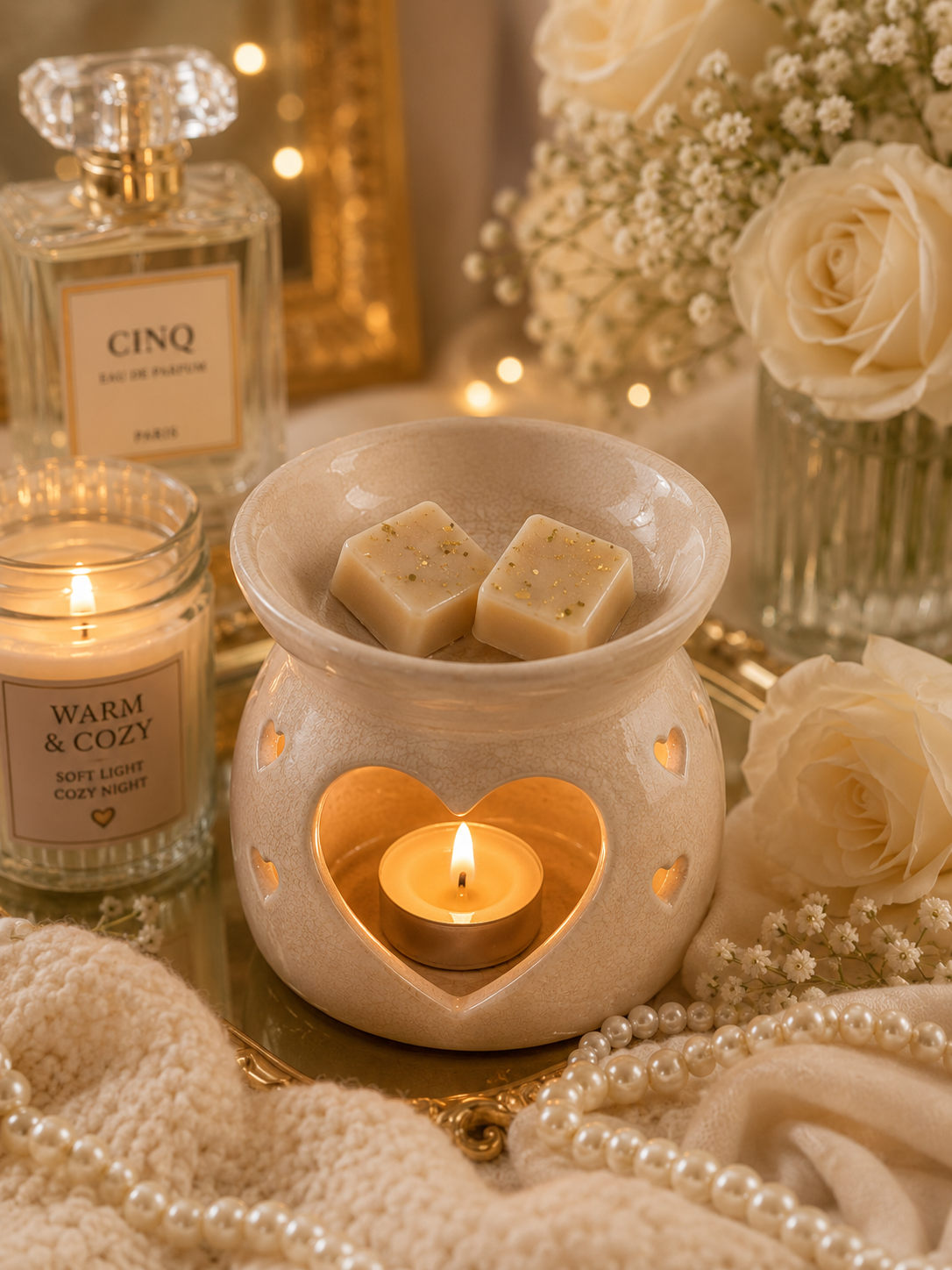A warm, cozy tabletop scene featuring a cream-colored ceramic wax warmer with a lit tea light candle inside a heart-shaped cutout, two wax melts resting in the dish, surrounded by cream roses, pearls, and other candles.