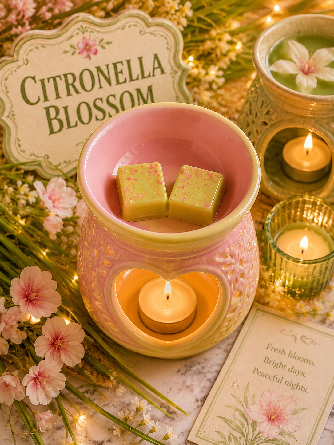 Pink and yellow ceramic citronella wax warmer with two citronella scented wax cubes inside, styled with lit tea lights, flowers, fairy lights, and a sign reading 'Citronella Blossom'.