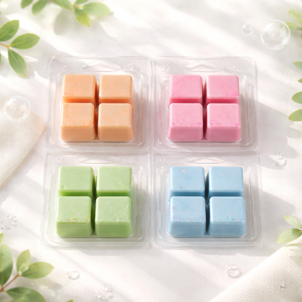 Four clear containers with square wax melts in pastel colors on a light background.