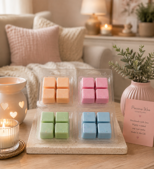Four packs of pastel wax melts in peach, pink, green, and blue, displayed on a stone tray on a wooden table in a cozy, warmly lit bedroom setting.