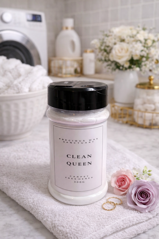 Jar labeled 'Clean Queen' carpet freshener on a towel with laundry items and flowers in the background