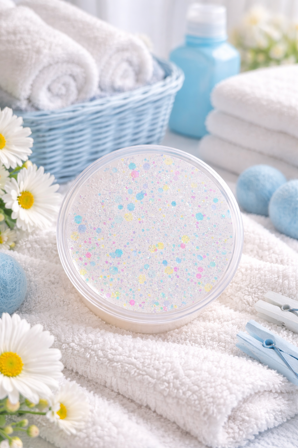 Round gel wax pot with glitter on a white towel with flowers and blue items in the background