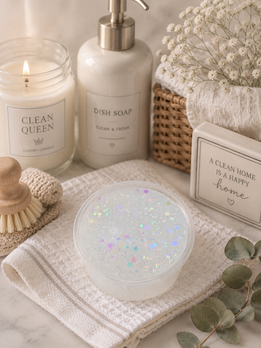 A clear plastic tub filled with white glittery gel wax sits on a folded cream towel, styled with a lit candle, dish soap bottle, basket of dried flowers, and a decorative sign in a bright home setting.
