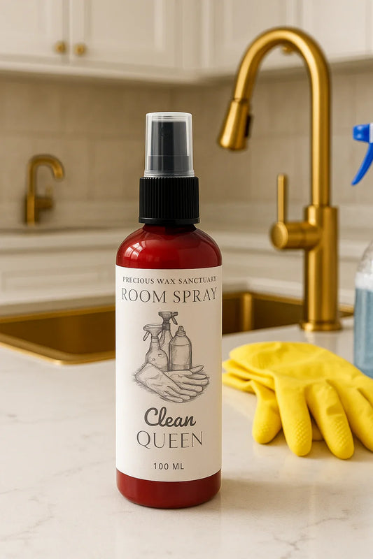 A bottle of Clean Queen room spray with a fresh, fruity floral scent featuring strawberry leaves, mandarin, rhubarb, violet, jasmine, patchouli, musk, and amber.