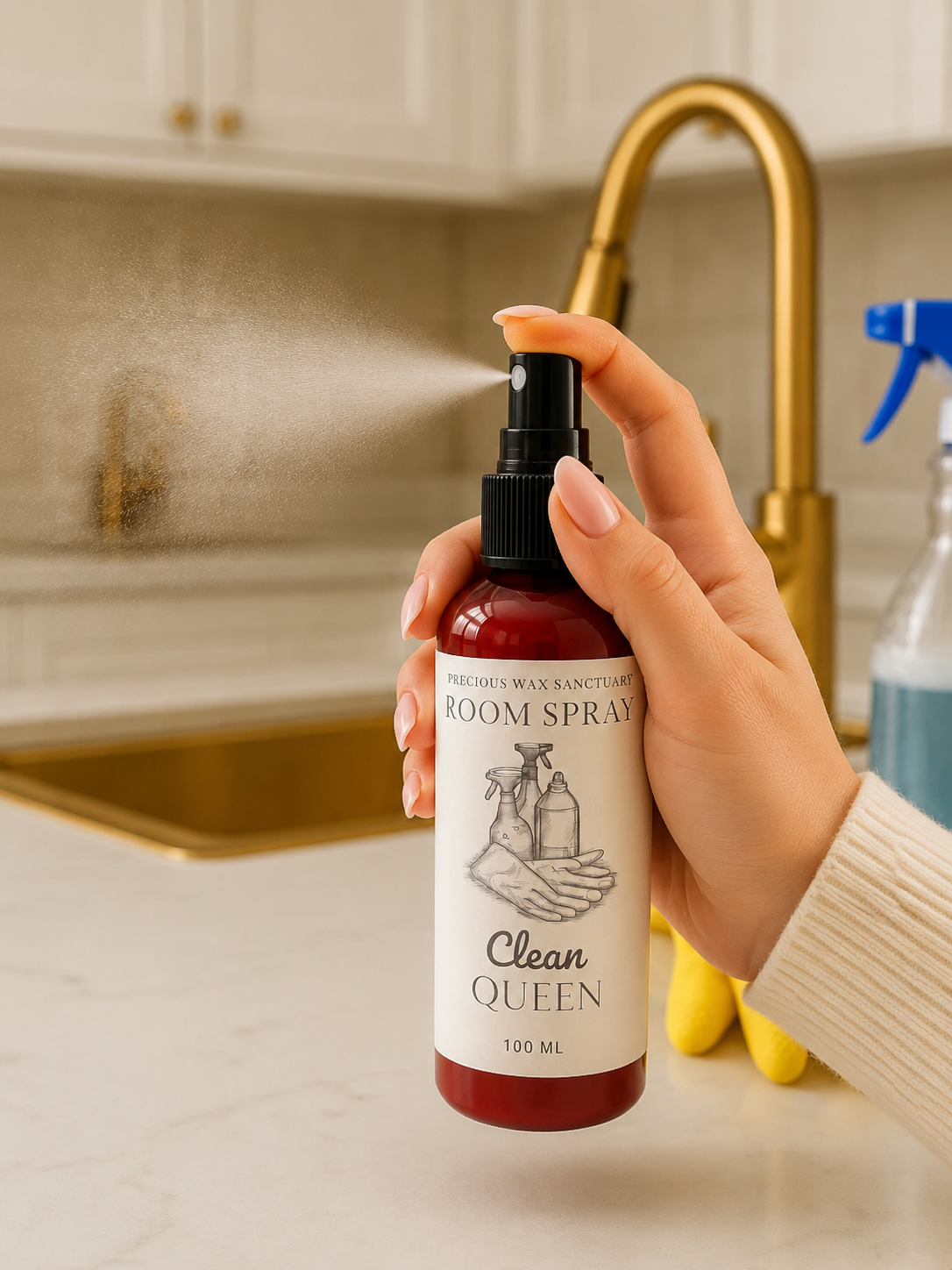 Clean queen room spray being spritzed in kitchen. 
