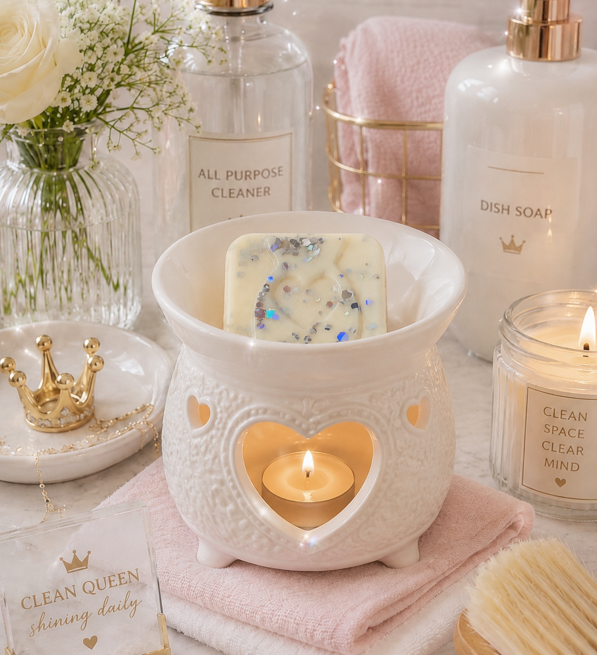 A white ceramic heart-shaped wax warmer with a lit tea light candle inside with wax melts, styled on a pink towel with a scented bar of soap resting on top. The scene includes other bathroom or self-care items like a glass bottle labeled 'ALL PURPOSE CLEANER,' a white dish soap bottle, a small gold crown decoration, and a candle jar labeled 'CLEAN SPACE CLEAR MIND.