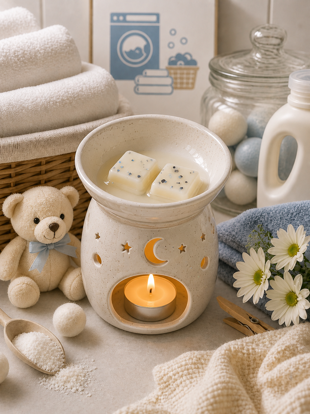 clean queen wax melts in burner with cosy laundry background theme.