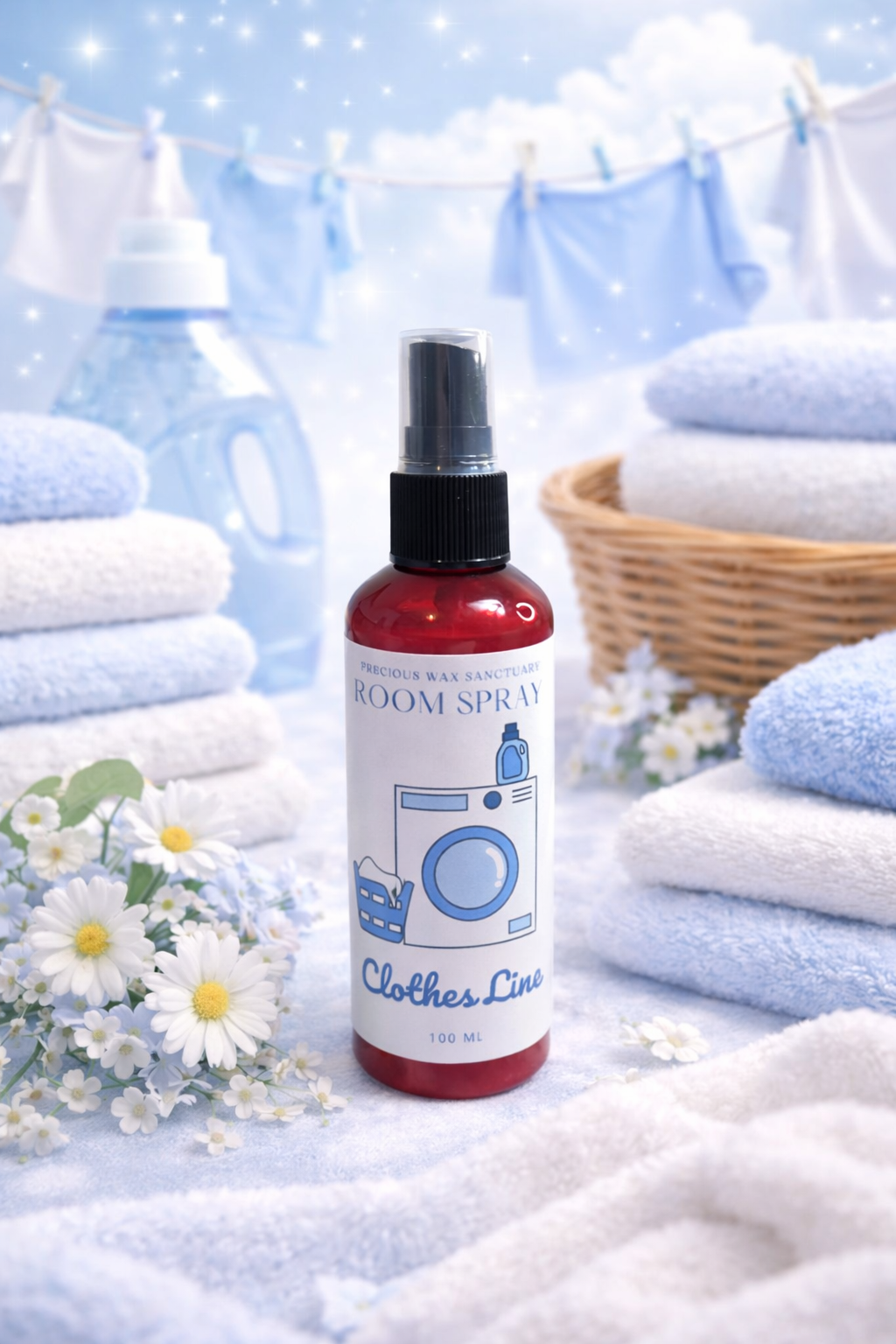 Room spray bottle with laundry-themed label on a background of folded towels and laundry basket.