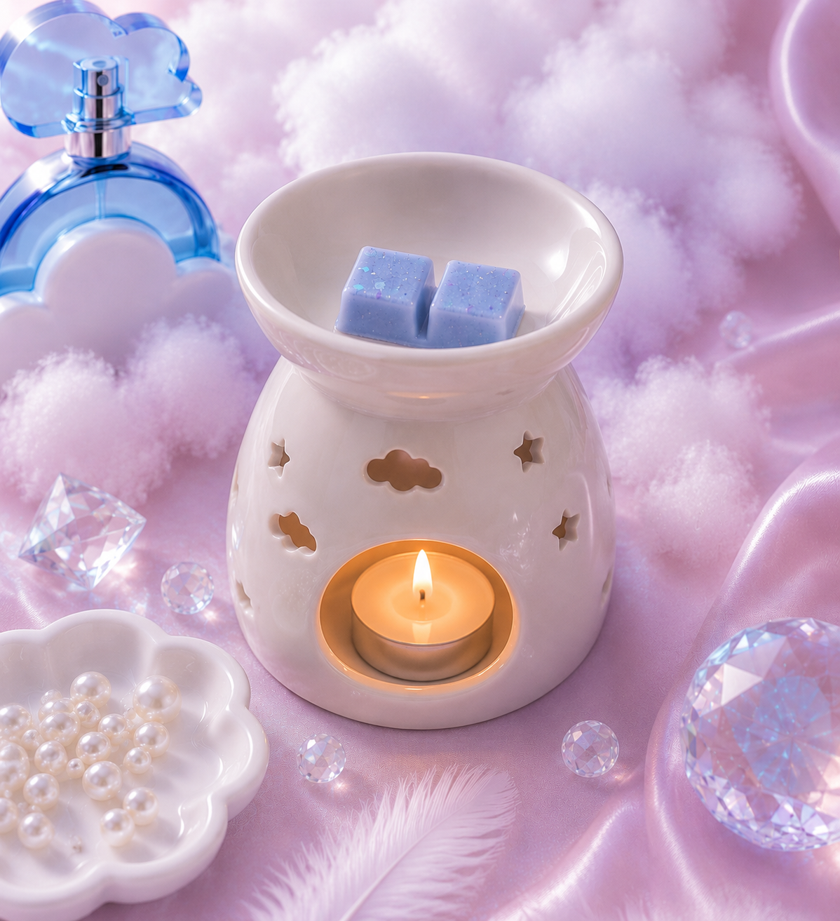 Clouds wax melts in burner surrounded by perfume and girly decor.