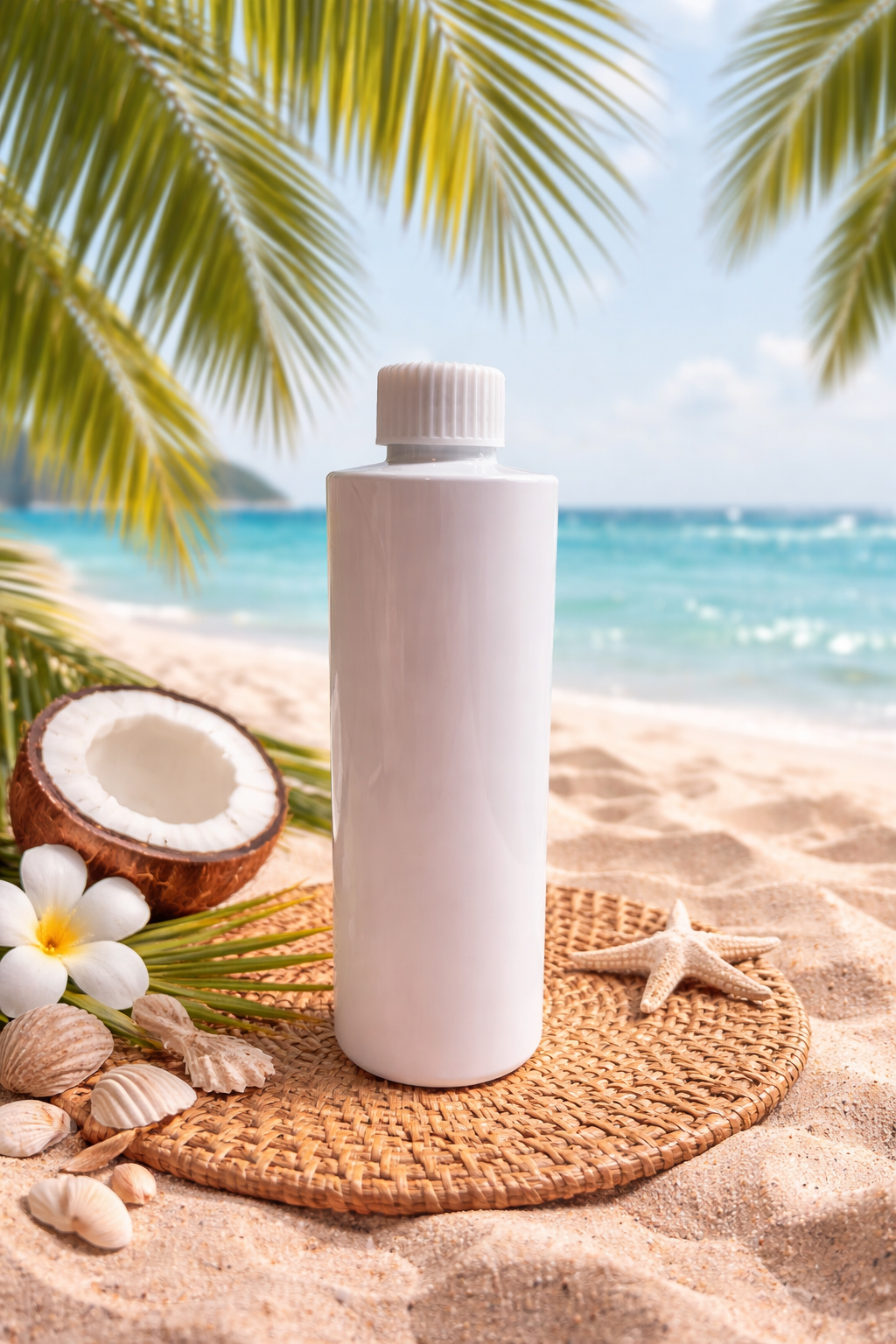 Coco cabana reed diffuser refill White bottle on a woven mat with a coconut, starfish, and white flowers on a sandy beach with palm leaves and ocean in the background.