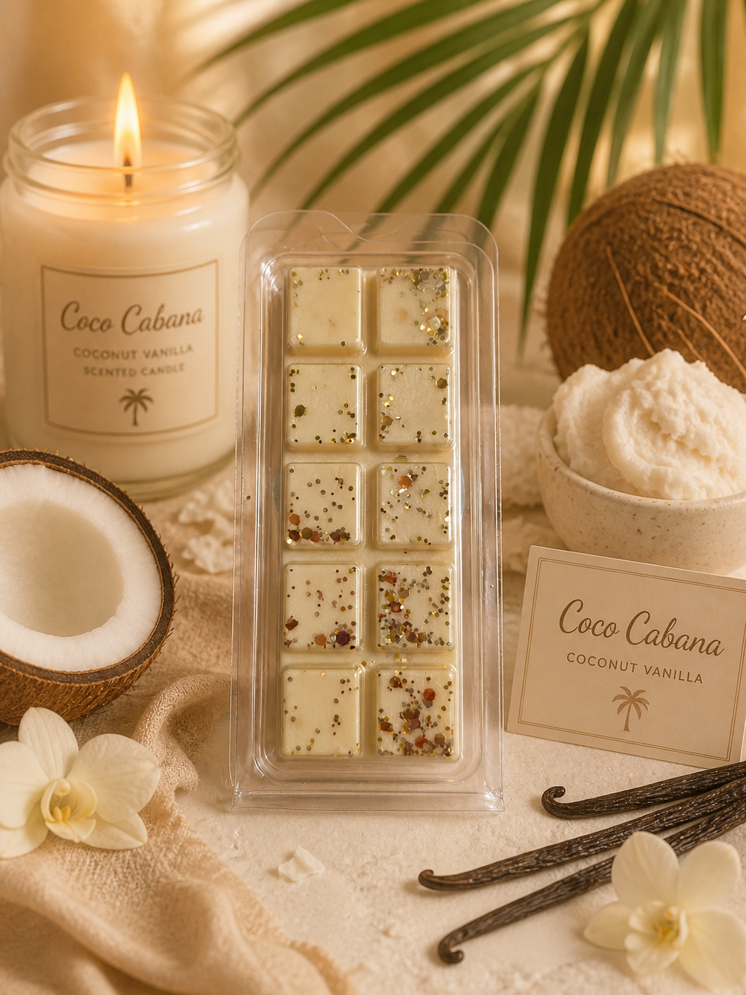 coco cabana wax melt with candle, coconuts, vanilla and cream background decor.