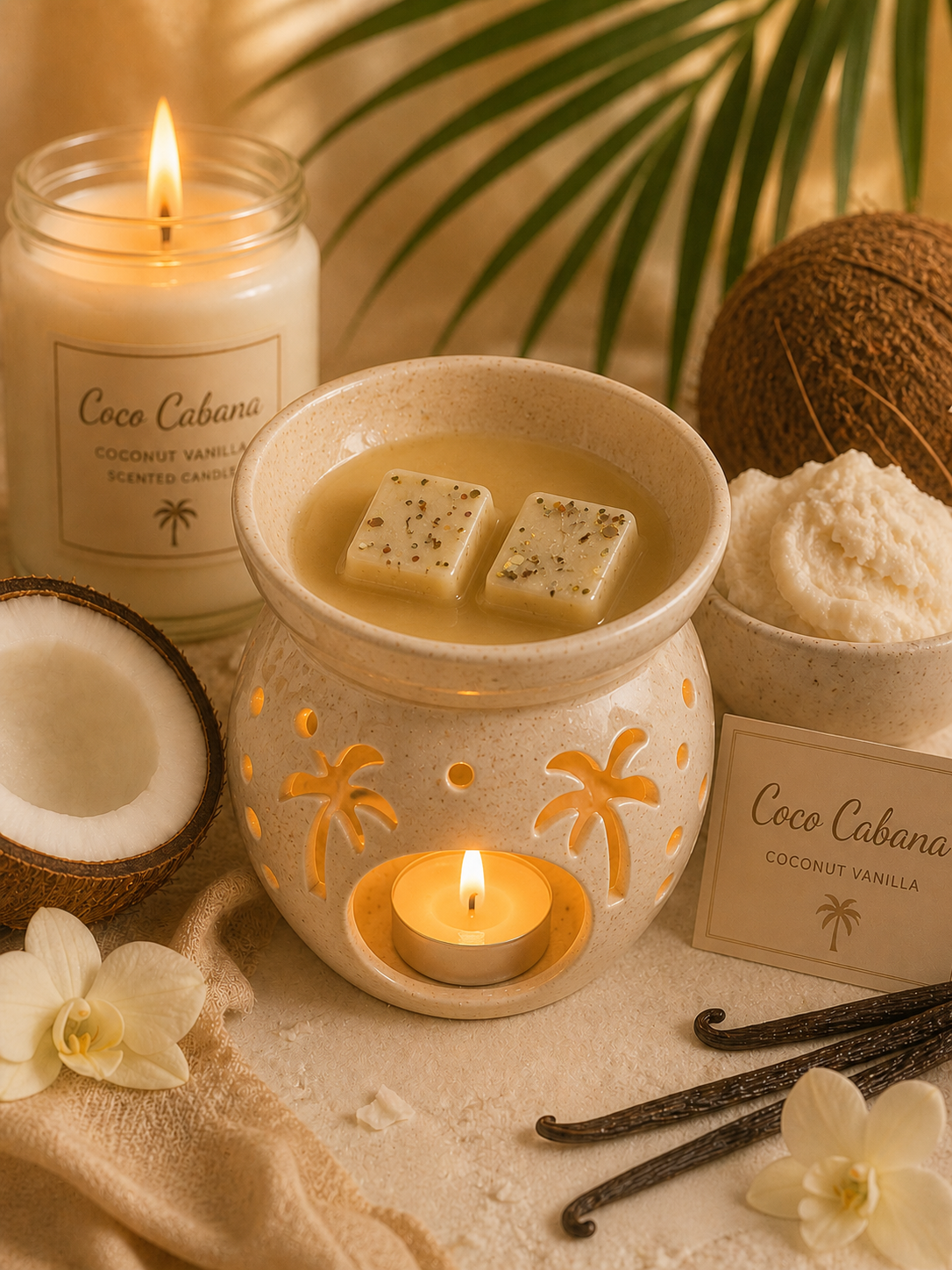 A styled product scene featuring a Cococabana coconut vanilla scented wax warmer in the center with two wax cubes melting inside and a small tea light candle lit. Surrounding props include a matching branded candle jar, a coconut half, whipped cream, vanilla beans, flowers, and tropical leaves on a warm beige surface.