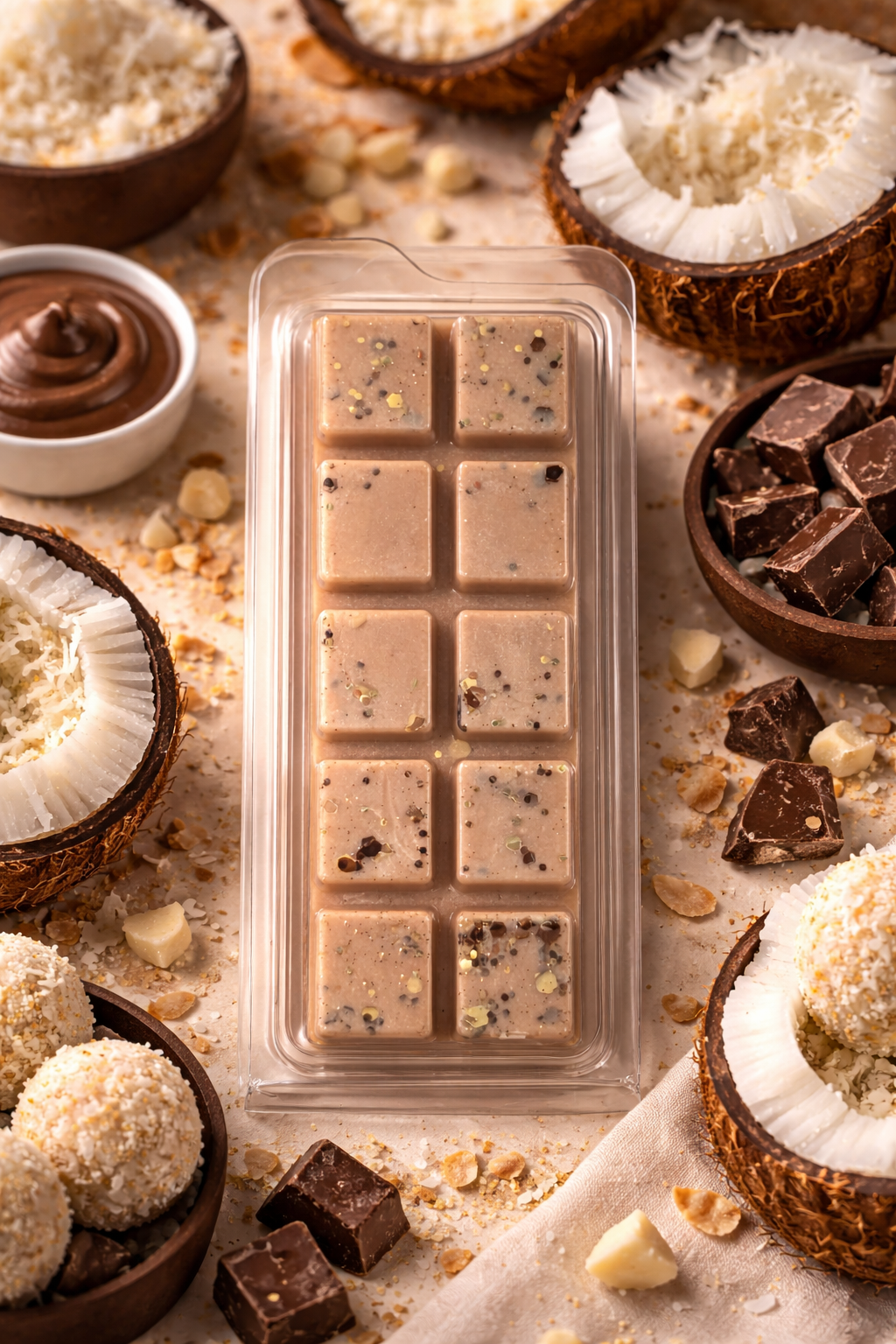 Wax melt bar with chocolate pieces around on a textured surface