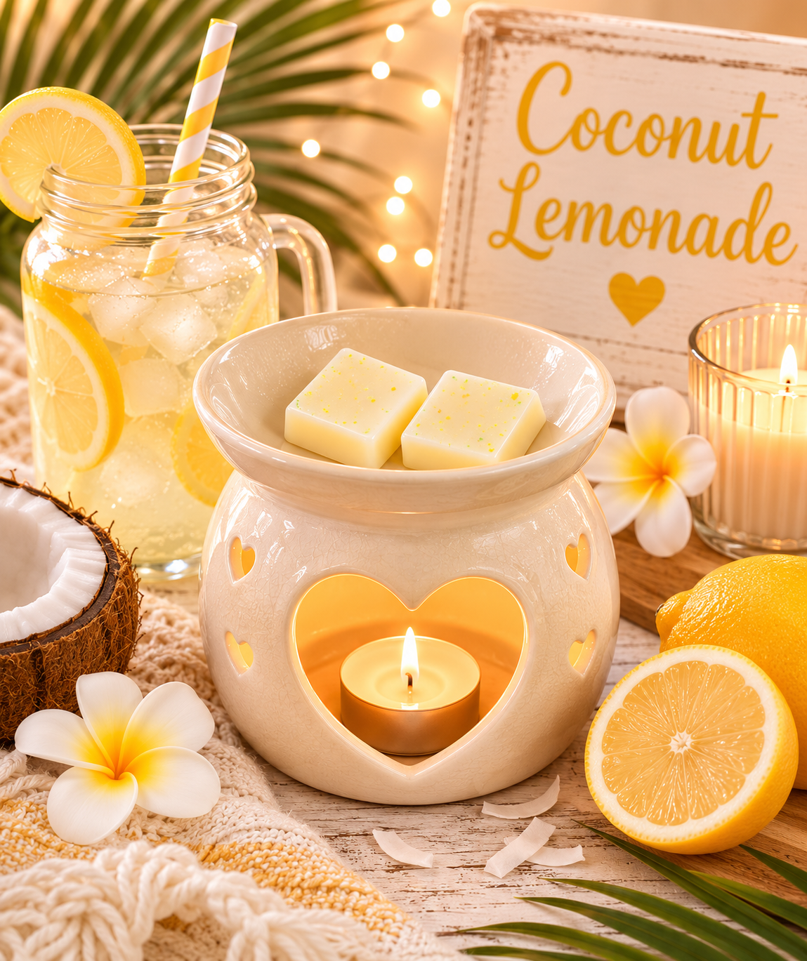 A cozy tabletop scene with a cream ceramic heart-shaped candle warmer holding a lit tealight and two pale wax melts on top. A mason jar filled with lemonade, ice, and a striped straw sits beside a coconut half, lemons, white flowers, and a sign reading 'Coconut Lemonade.