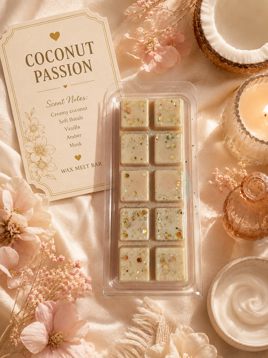 Coconut passion wax melt bar packaging with flowers and coconut on a soft pink background