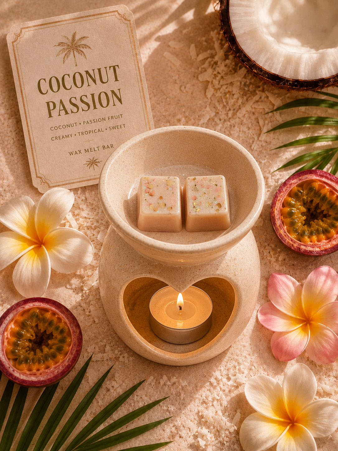 Coconut wax melt burner with melts, candle, and tropical flowers on a textured surface