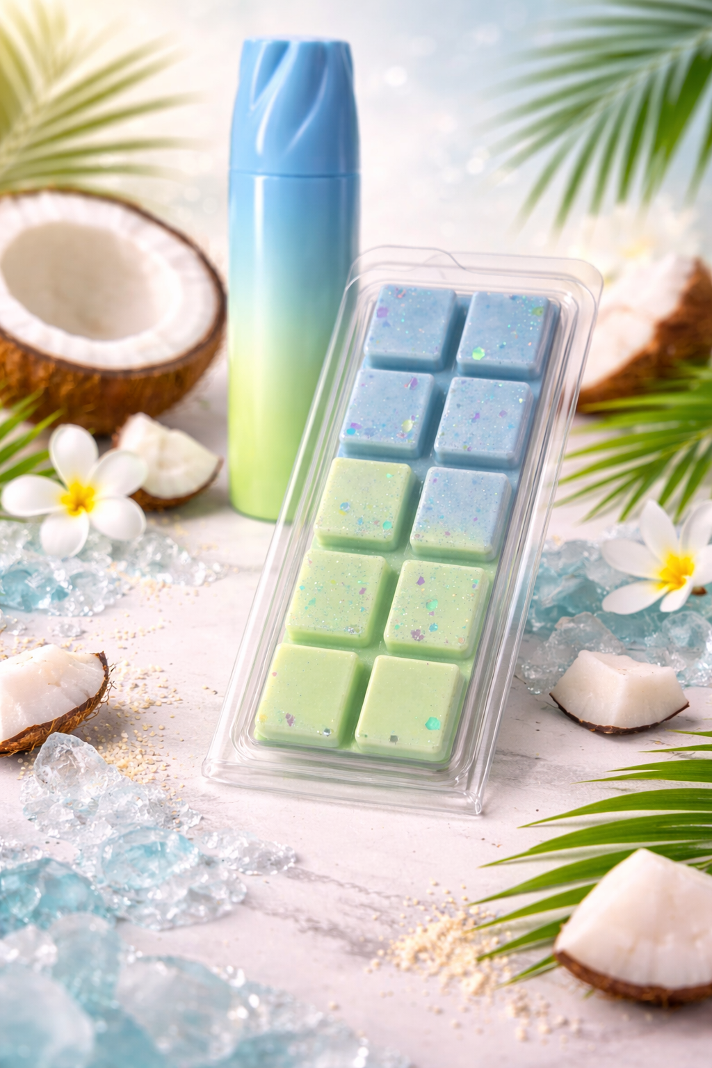 Packaged wax melts with gradient colors surrounded by coconuts and flowers on a decorative surface.
