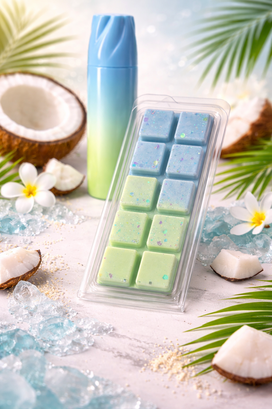 Packaged wax melts with gradient colors surrounded by coconuts and flowers on a decorative surface.