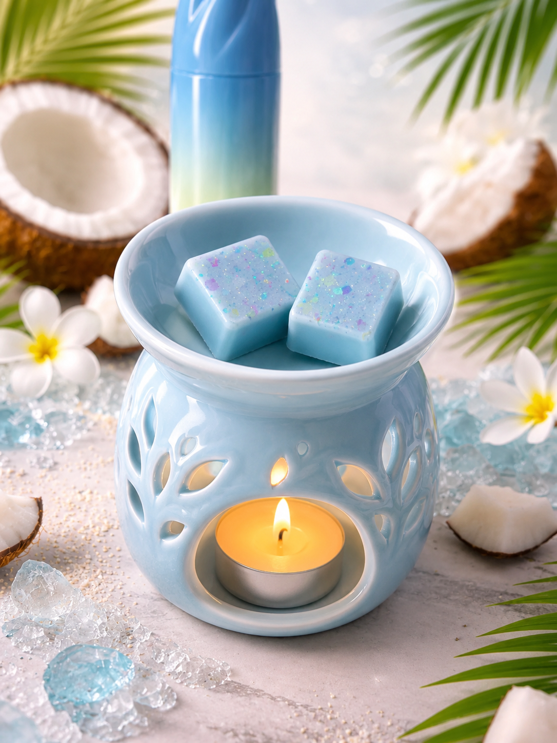 coconut whip wax melts in burner with matching background theme.