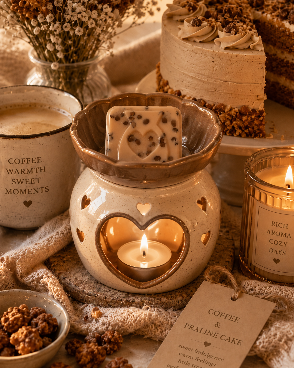 Brown wax melt in burner with cosy coffee background theme. 