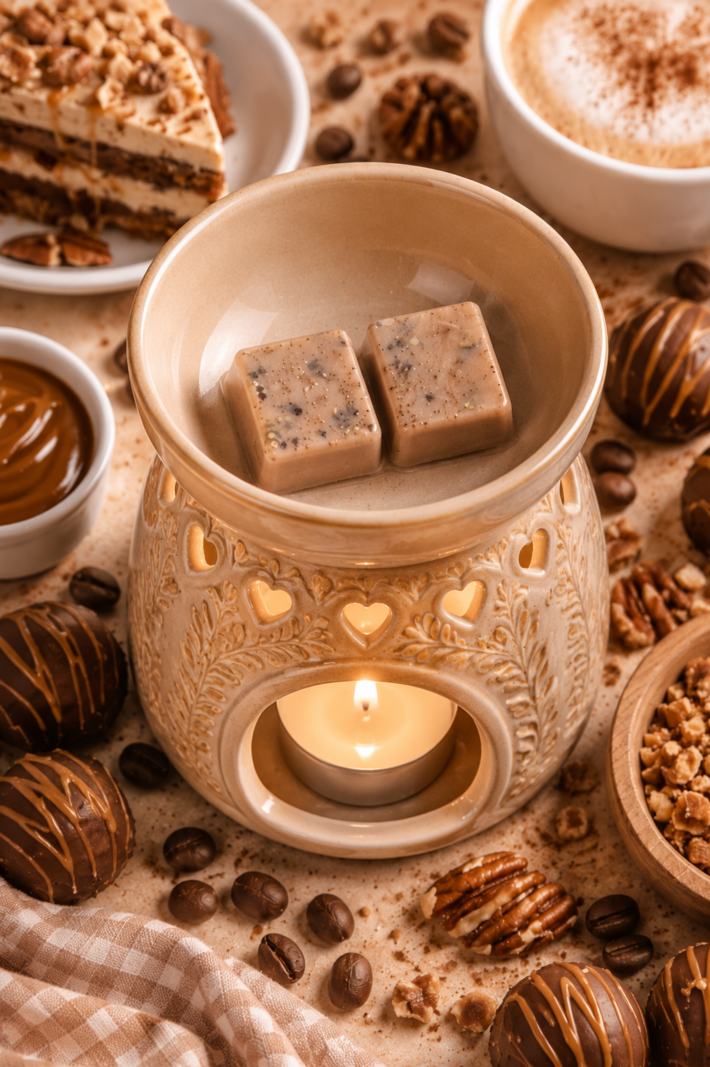 A ceramic wax warmer with a lit candle inside, holding two square wax melts, surrounded by chocolate pieces, coffee beans, and warm dessert dishes on a tabletop.