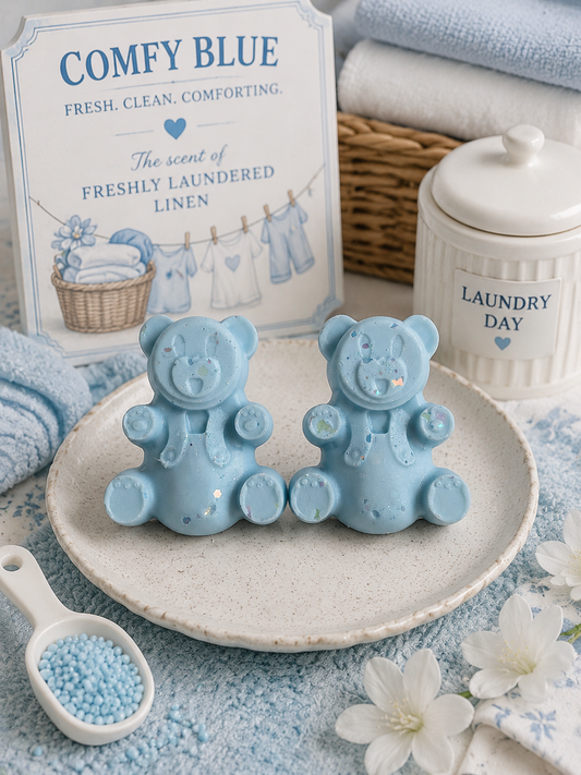 Blue and white bear wax melts surrounded by laundry decor.