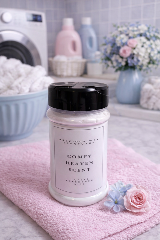 Carpet freshener labeled 'Comfy Heaven Scent' on a pink towel with laundry and flowers in the background