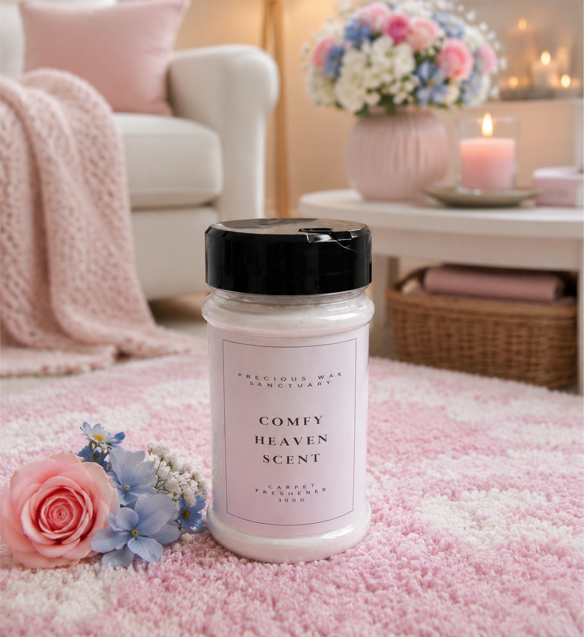 A jar of Comfy Heaven Scent carpet  freshener sits on a pink shag rug in a cozy living room setting. The jar has a black lid and a white label with pink text.
