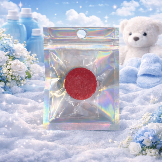 Holographic packaging with hoover discs on a snowy background with flowers and a teddy bear.