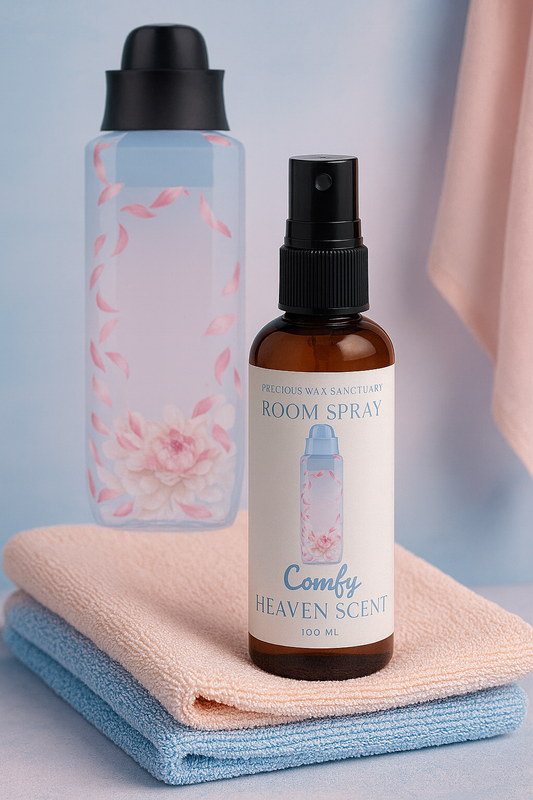 Room spray bottle with floral design and text on a light background