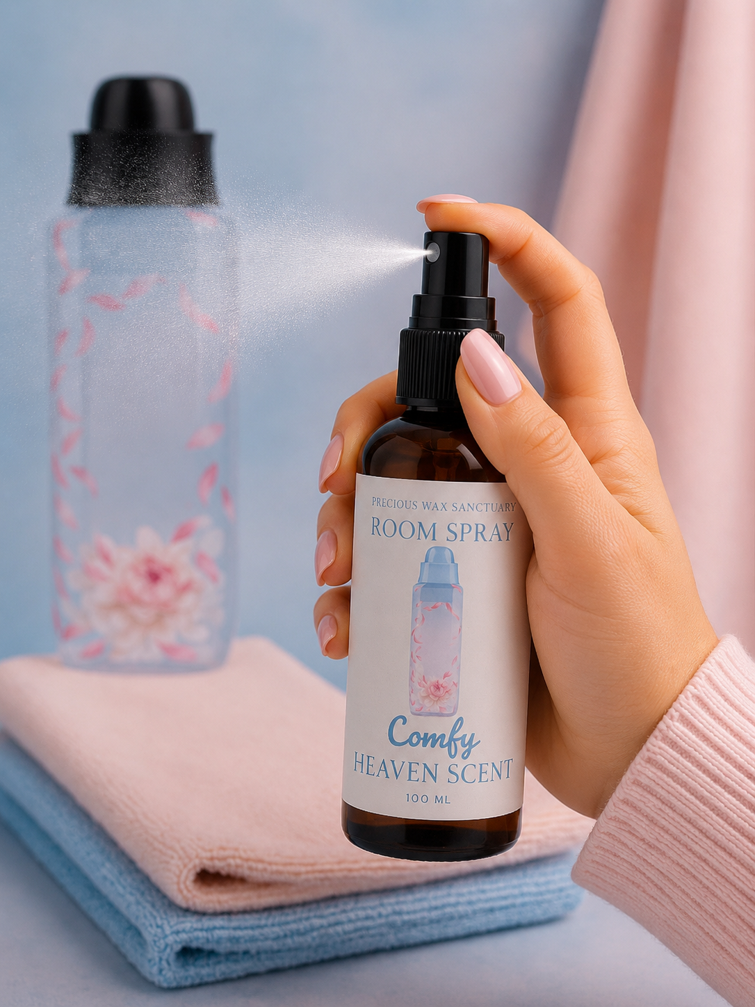 A hand holds a small amber room spray bottle labeled 'Comfy Heaven Scent' while spraying mist. A second bottle with pink floral artwork stands blurred in the background on folded pink and blue towels against a soft blue and pink backdrop.