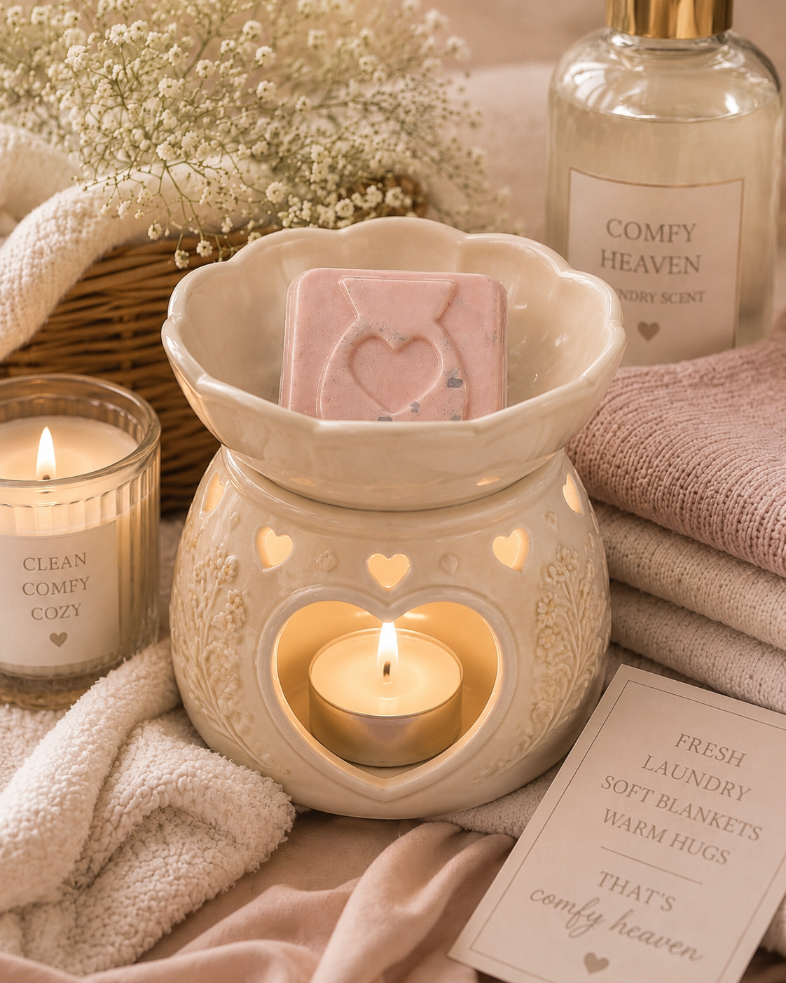 Pink wax melt sample in burner with cosy laundry background theme.