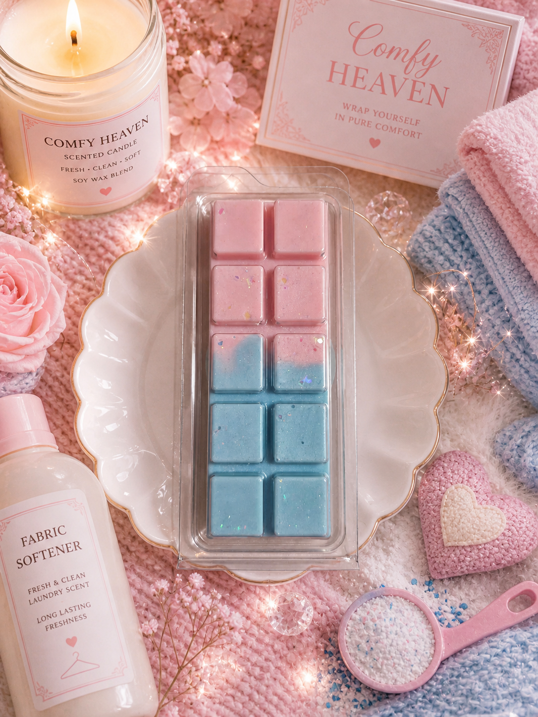 Packaged wax melts with a candle, card, and decorative items on a pink surface.