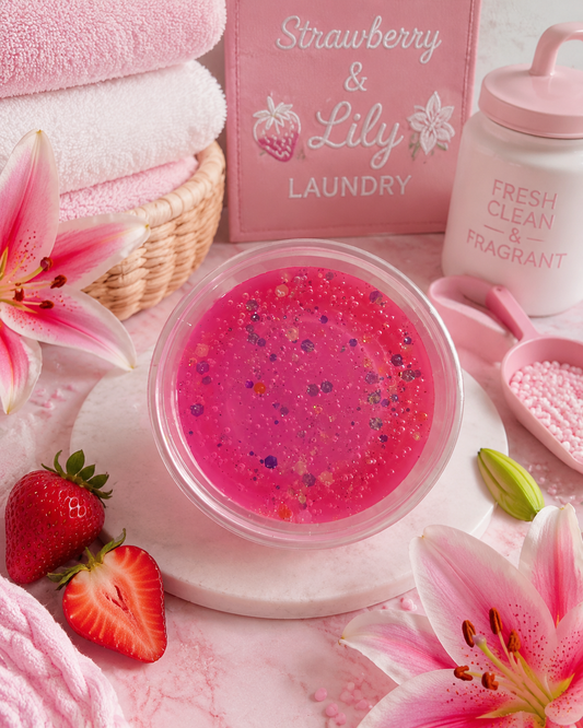 A glittery gel wax in a round clear container sits on a white marble coaster, surrounded by pink towels, folded strawberries, pink lilies, a basket, and a pink box labeled 'Strawberry & Lily Laundry' and a white bottle reading 'Fresh Clean & Fragrant'.