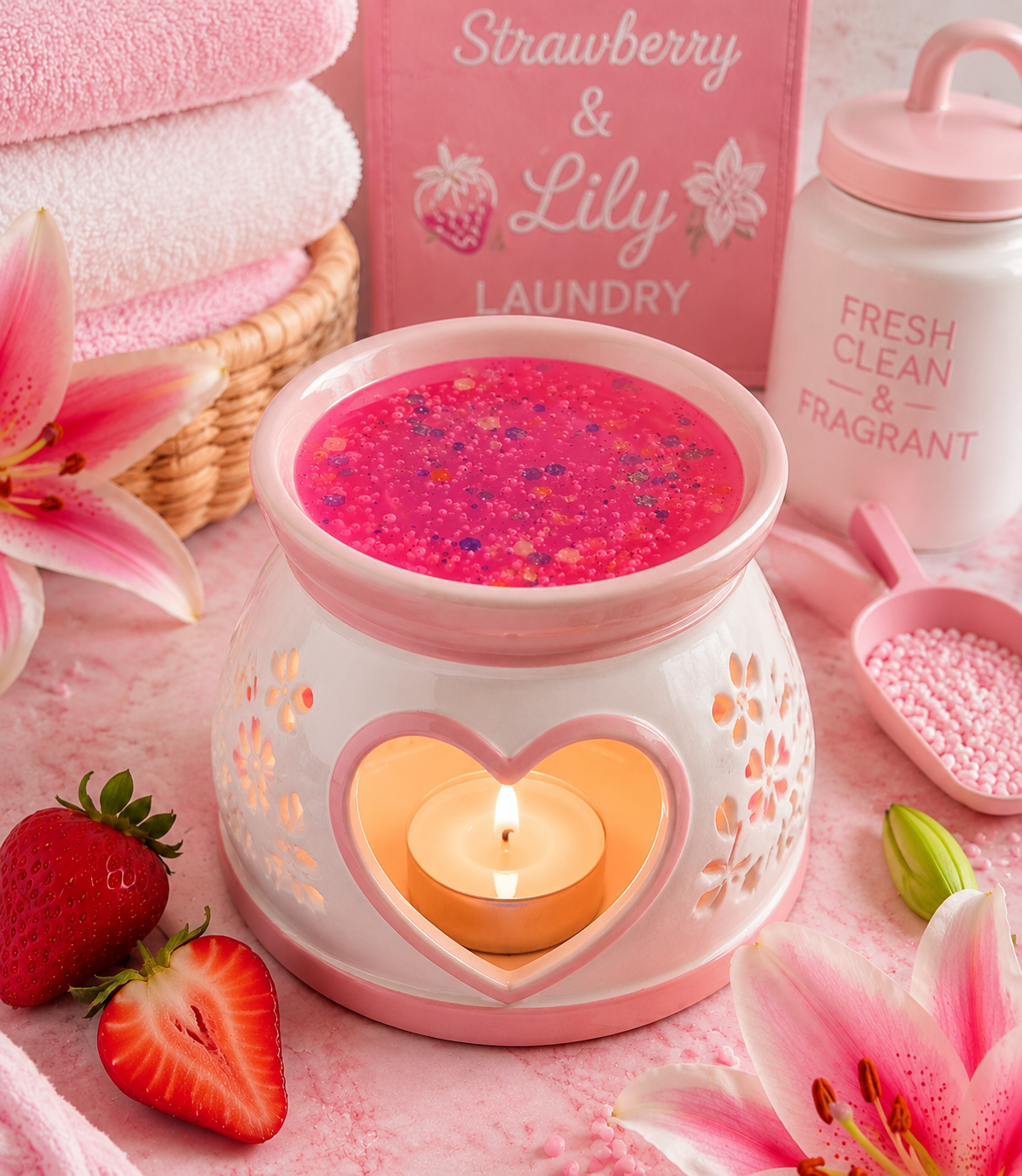 Comfy strawberry and lily gel wax melt in burner with strawberry and lily laundry theme.