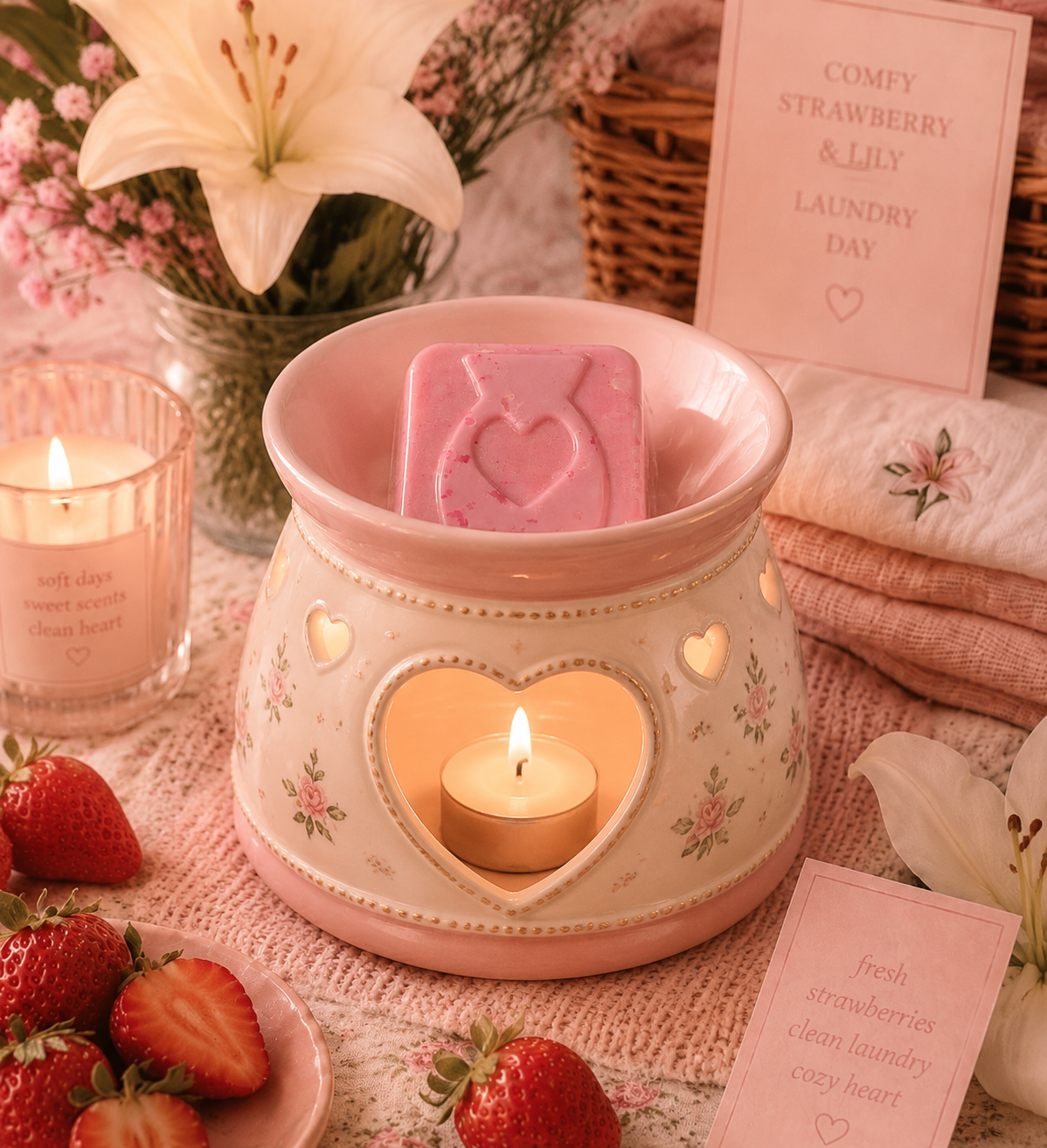 Pink wax melt in burner surrounded by strawberries and cosy decor.
