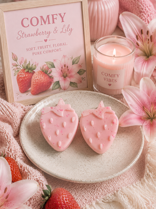 Two strawberry-shaped pink wax melts on a speckled ceramic plate, styled with a pink candle, a framed COMFY sign, and pink lilies.
