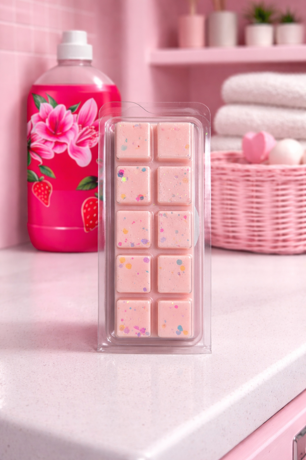 Pink wax melts in a clear packaging on a pink kitchen counter with a bottle of dish soap and a basket in the background.